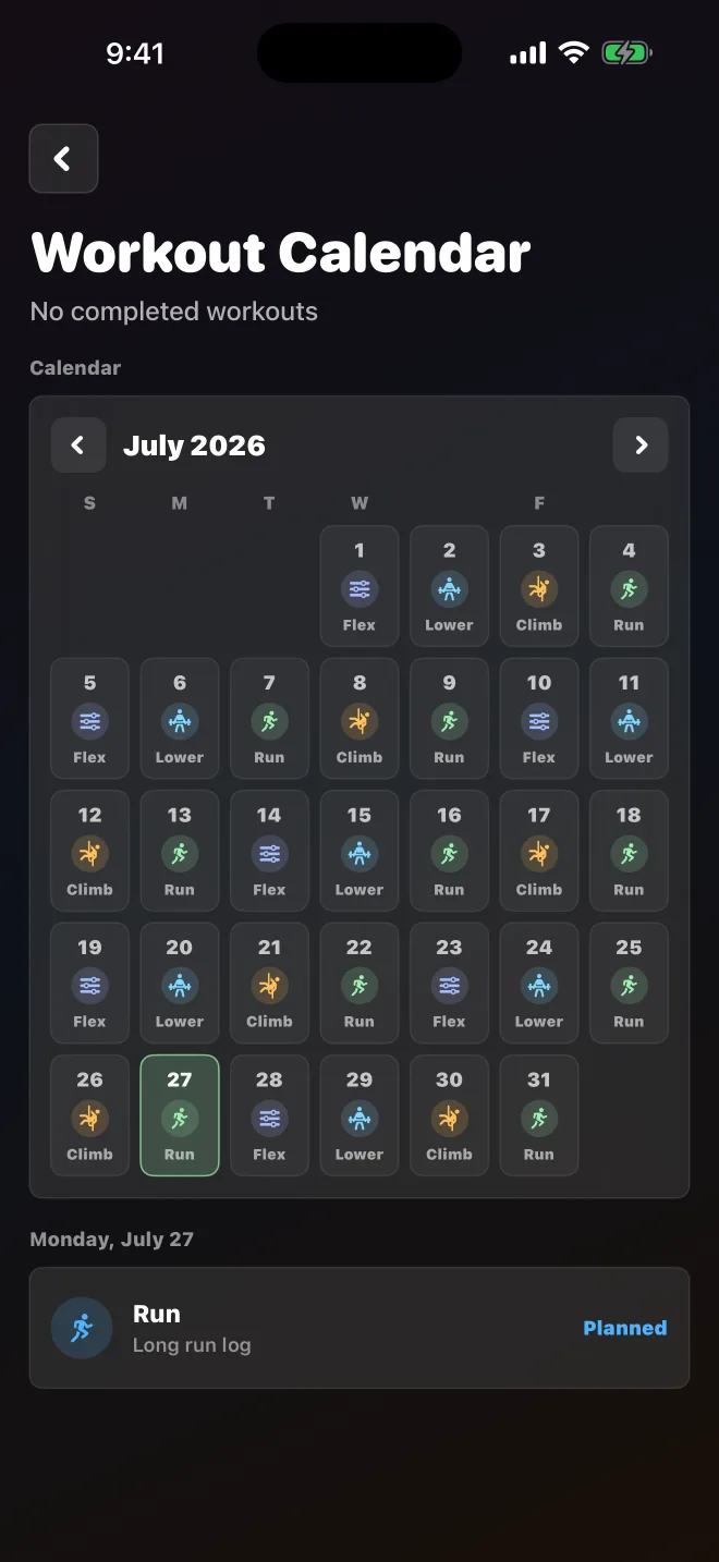 dpump workout calendar showing a full month of planned runs, climbs, flex days, and lower gym sessions.