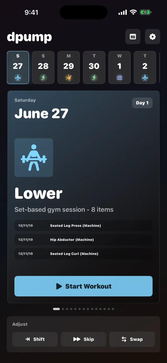 dpump planner home showing a Lower workout day and quick schedule actions.