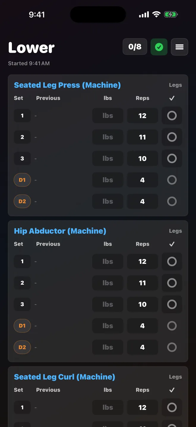 dpump active Lower workout screen with set, weight, rep, and completion controls.